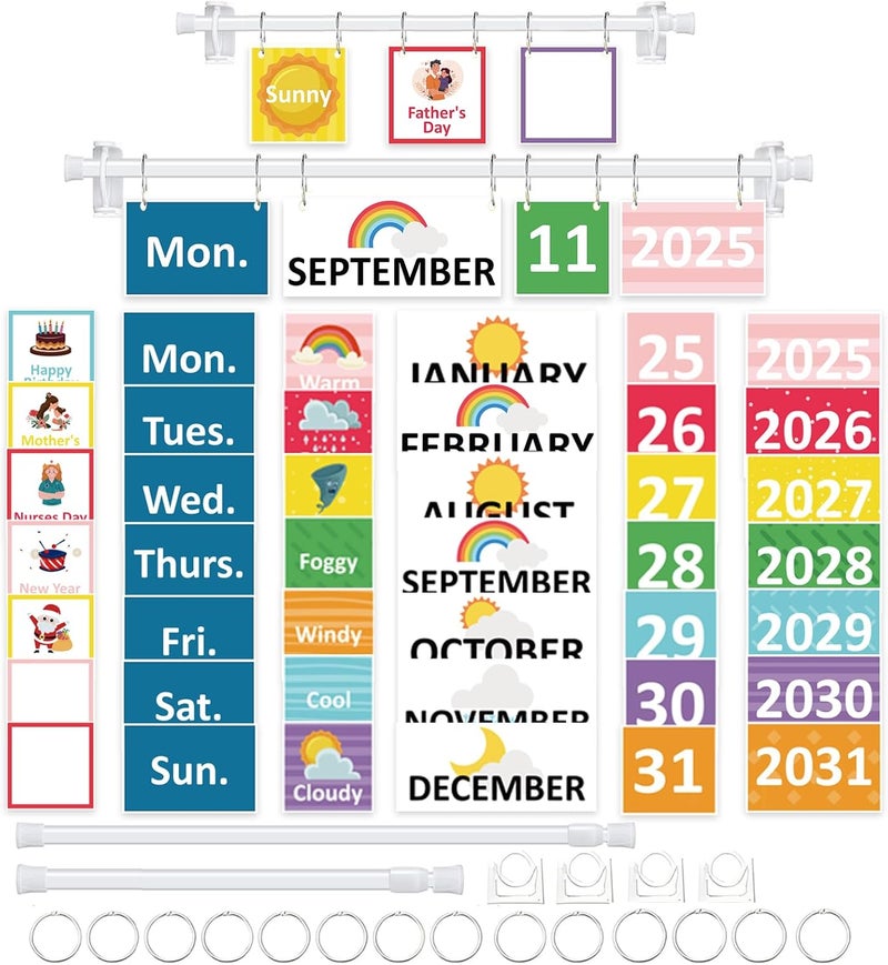 EggSun 96 Cards Classroom Bulletin Board Decorations Set for Teachers,Flip Calendar with Holder for Classroom,Adjustable Calendar,Preschool Elementary Home Decor Supplies（Rainbow） - Image 1